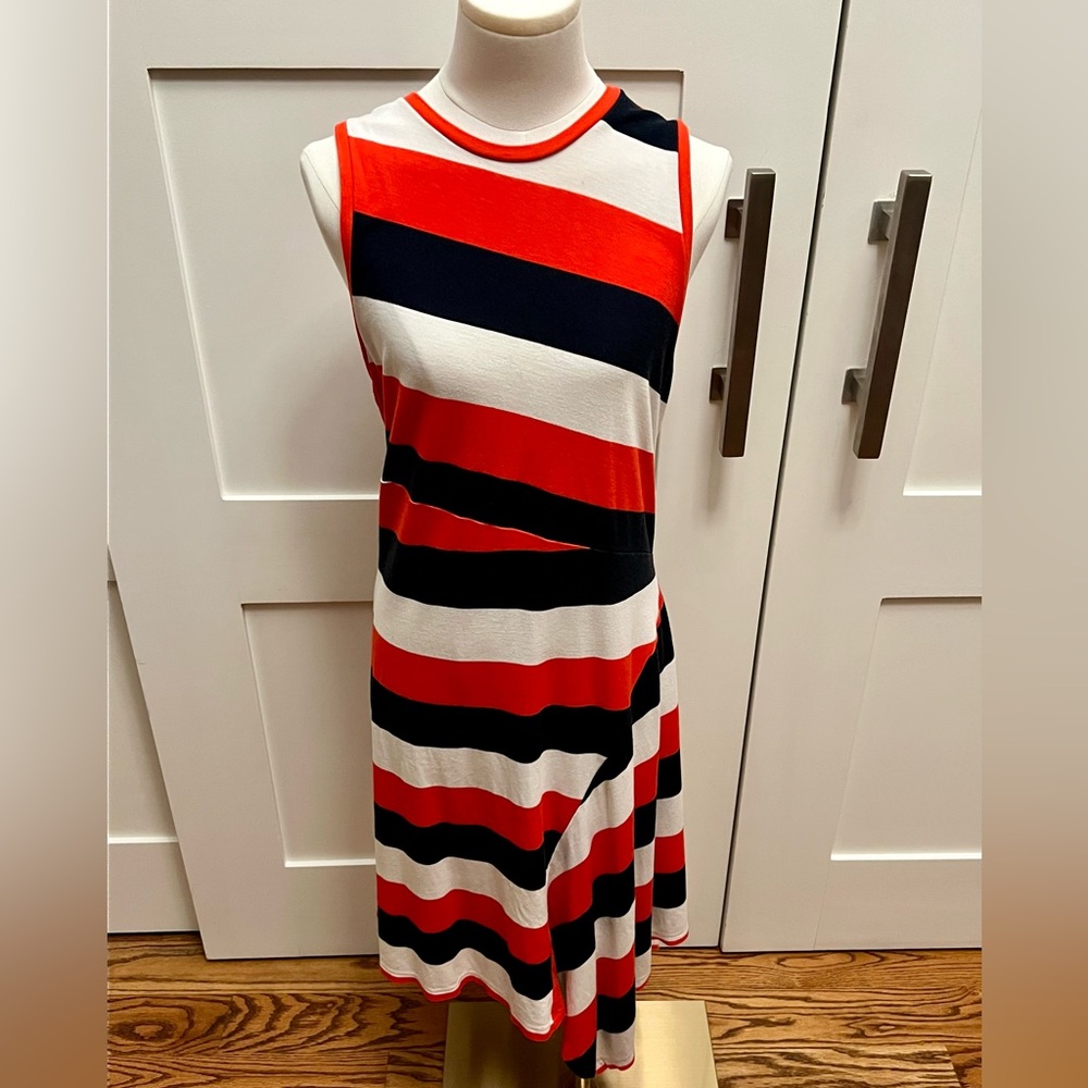 Banana Republic Asymmetrical Orange, Navy, and Cream Dress- Size Large Tall - Picture 10 of 14